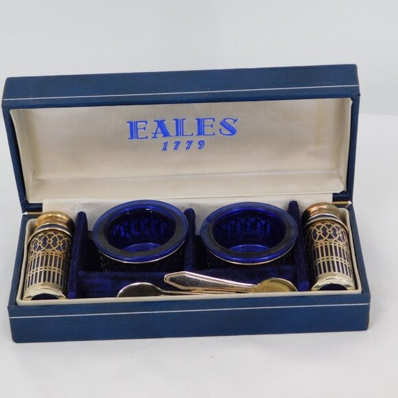 Eales 1779 Cobalt Blue Silverplate 6 Piece Salt Pepper Cellar Shaker Set Vintage - Picture 1 of 14